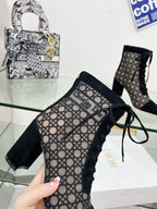 DIOR NAUGHTILY-D HEELED ANKLE BOOT IN BLACK CANNAGE MOTIF MESH AND SUEDE 8 CM