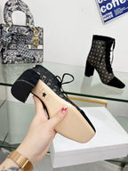 DIOR NAUGHTILY-D HEELED ANKLE BOOT IN BLACK CANNAGE MOTIF MESH AND SUEDE 8 CM