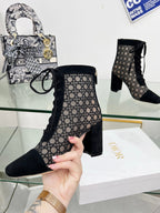 DIOR NAUGHTILY-D HEELED ANKLE BOOT IN BLACK CANNAGE MOTIF MESH AND SUEDE 8 CM