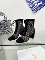 DIOR NAUGHTILY-D HEELED ANKLE BOOT IN BLACK CANNAGE MOTIF MESH AND SUEDE 8 CM