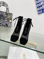 DIOR NAUGHTILY-D HEELED ANKLE BOOT IN BLACK CANNAGE MOTIF MESH AND SUEDE 8 CM