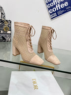DIOR NAUGHTILY-D HEELED ANKLE BOOT IN BISQUE BEIGE EMBROIDERED MESH AND SUEDE 8 CM
