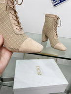 DIOR NAUGHTILY-D HEELED ANKLE BOOT IN BISQUE BEIGE EMBROIDERED MESH AND SUEDE 8 CM
