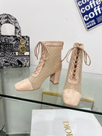 DIOR NAUGHTILY-D HEELED ANKLE BOOT IN BISQUE BEIGE EMBROIDERED MESH AND SUEDE 8 CM