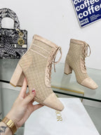 DIOR NAUGHTILY-D HEELED ANKLE BOOT IN BISQUE BEIGE EMBROIDERED MESH AND SUEDE 8 CM