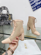 DIOR NAUGHTILY-D HEELED ANKLE BOOT IN BISQUE BEIGE EMBROIDERED MESH AND SUEDE 8 CM