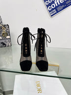 DIOR NAUGHTILY-D HEELED ANKLE BOOT IN BLACK EMBROIDERED MESH AND SUEDE 8 CM