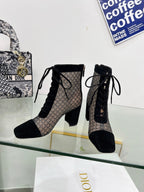 DIOR NAUGHTILY-D HEELED ANKLE BOOT IN BLACK EMBROIDERED MESH AND SUEDE 8 CM