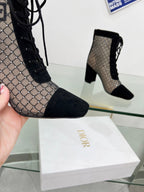 DIOR NAUGHTILY-D HEELED ANKLE BOOT IN BLACK EMBROIDERED MESH AND SUEDE 8 CM