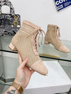 DIOR NAUGHTILY-D HEELED ANKLE BOOT IN BISQUE BEIGE EMBROIDERED MESH AND SUEDE 35 MM