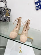 DIOR NAUGHTILY-D HEELED ANKLE BOOT IN BISQUE BEIGE EMBROIDERED MESH AND SUEDE 35 MM