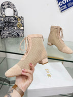 DIOR NAUGHTILY-D HEELED ANKLE BOOT IN BISQUE BEIGE EMBROIDERED MESH AND SUEDE 35 MM