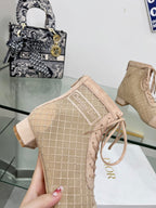 DIOR NAUGHTILY-D HEELED ANKLE BOOT IN BISQUE BEIGE EMBROIDERED MESH AND SUEDE 35 MM