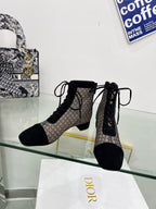 DIOR NAUGHTILY-D HEELED ANKLE BOOT IN BLACK EMBROIDERED MESH AND SUEDE 35 MM