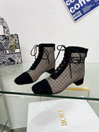 DIOR NAUGHTILY-D HEELED ANKLE BOOT IN BLACK EMBROIDERED MESH AND SUEDE 35 MM