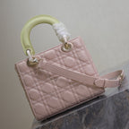 DIOR MEDIUM LADY BAG 20 IN BABY PINK QUILTED MACROCANNAGE CALFSKIN SWAMP YELLOW STRAP