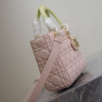 DIOR MEDIUM LADY BAG 20 IN BABY PINK QUILTED MACROCANNAGE CALFSKIN SWAMP YELLOW STRAP