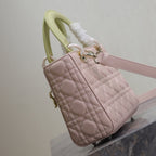 DIOR MEDIUM LADY BAG 20 IN BABY PINK QUILTED MACROCANNAGE CALFSKIN SWAMP YELLOW STRAP