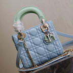 DIOR MINI LADY BAG 17 IN BABY BLUE QUILTED MACROCANNAGE CALFSKIN GREEN STRAP