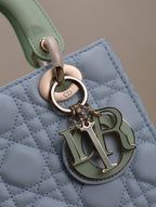 DIOR MEDIUM LADY BAG 20 IN BABY BLUE QUILTED MACROCANNAGE CALFSKIN GREEN STRAP