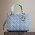 DIOR LADY BAG 24 IN BABY BLUE QUILTED MACROCANNAGE CALFSKIN GREEN STRAP