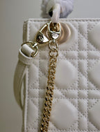 DIOR MINI LADY BAG 17 IN WHITE QUILTED MACROCANNAGE CALFSKIN BLACK STRAP