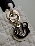 DIOR MINI LADY BAG 17 IN WHITE QUILTED MACROCANNAGE CALFSKIN BLACK STRAP