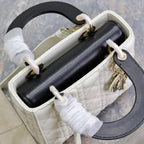 DIOR LADY BAG 20 IN WHITE QUILTED MACROCANNAGE CALFSKIN BLACK STRAP