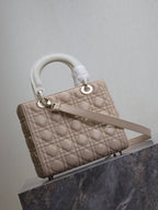 DIOR MEDIUM LADY BAG 24 IN POWDER BEIGE QUILTED MACROCANNAGE CALFSKIN METAL CHARM