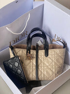 DIOR MEDIUM TOUJOURS BAG 28 IN BEIGE CANNAGE CALFSKIN BLACK STRAP