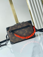 LOUIS VUITTON MINI SOFT TRUNK 18 IN BROWN MONOGRAM CANVAS RED ORANGE CHAIN