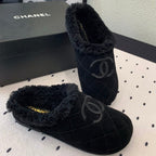 CHANEL FLAT MULE IN BLACK SUEDE AND LAMB FUR LINING