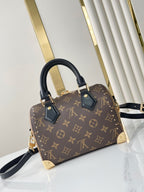 LOUIS VUITTON SPEEDY TRUNK 20 IN BROWN MONOGRAM CANVAS AND BLACK CALFSKIN TRIM GOLD BUCKLE