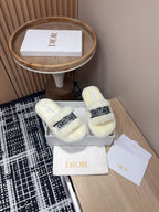 DIOR THICK-SOLE SLIPPERS WHITE CREAM SHEARLING WITH EMBROIDERED LOGO