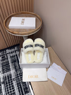 DIOR THICK-SOLE SLIPPERS WHITE CREAM SHEARLING WITH EMBROIDERED LOGO