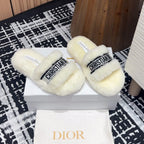 DIOR THICK-SOLE SLIPPERS WHITE CREAM SHEARLING WITH EMBROIDERED LOGO