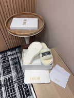 DIOR THICK-SOLE SLIPPERS WHITE CREAM SHEARLING WITH EMBROIDERED LOGO