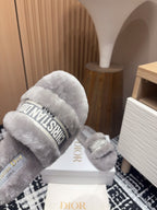 DIOR THICK-SOLE SLIPPERS IN PALE GRAY SHEARLING WITH EMBROIDERED LOGO