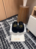 DIOR THICK-SOLE SLIPPER IN BLACK FLEECE WITH GOLD LOGO