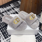 DIOR THICK-SOLE SLIPPER IN PALE GRAY FLEECE WITH GOLD LOGO