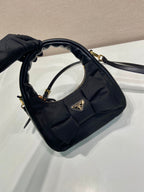 PRADA BOW HOBO BAG 22 IN BLACK RE-NYLON AND LAMBSKIN