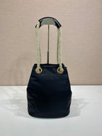PRADA BUCKET BAG 28 IN BLACK RE-NYLON GOLD LOGO