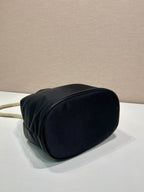 PRADA BUCKET BAG 28 IN BLACK RE-NYLON GOLD LOGO