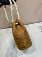 PRADA BUCKET BAG 28 IN SEPIA BROWN RE-NYLON GOLD LOGO