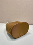 PRADA BUCKET BAG 28 IN SEPIA BROWN RE-NYLON GOLD LOGO