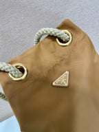 PRADA BUCKET BAG 28 IN SEPIA BROWN RE-NYLON GOLD LOGO