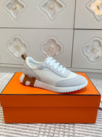 HERMES BOUNCING SNEAKER IN WHITE GRAPHIC MESH AND PASTEL GRAY SUEDE