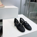 CHANEL FLAT MARY JANE SHOES 25S IN BLACK MESH FABRIC EMBOSSED LOGO WITH BOW