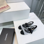 CHANEL FLAT MARY JANE SHOES 25S IN WHITE MIX BLACK MESH FABRIC EMBOSSED LOGO WITH BOW