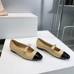 CHANEL FLAT MARY JANE SHOES 25S IN BEIGE LAMBSKIN MIX BLACK GLOSSY WITH BOW